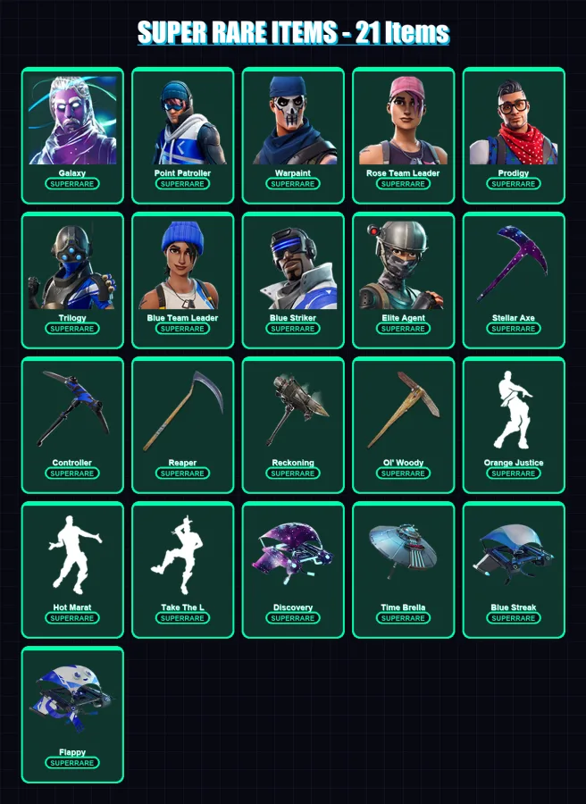 [PC/XBOX] | Galaxy | Point Patroller | Warpaint | Rose Team Leader | Prodigy | 151 skin | 196 pickaxe | 168 emote | 177 glider | Lv2487 — Fortnite account