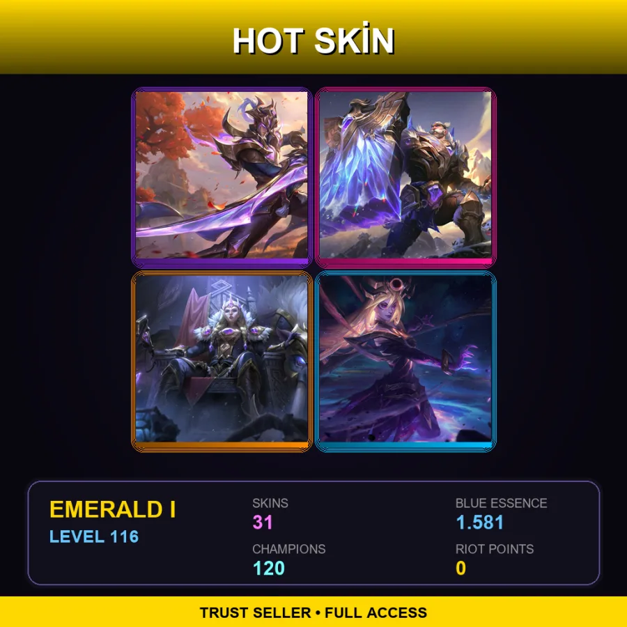 TR | Victorious Master Yi | Victorious Braum | Victorious Sejuani | Dark Cosmic Lux | 31 Skin | 120 Champ | Emerald I | Lv116