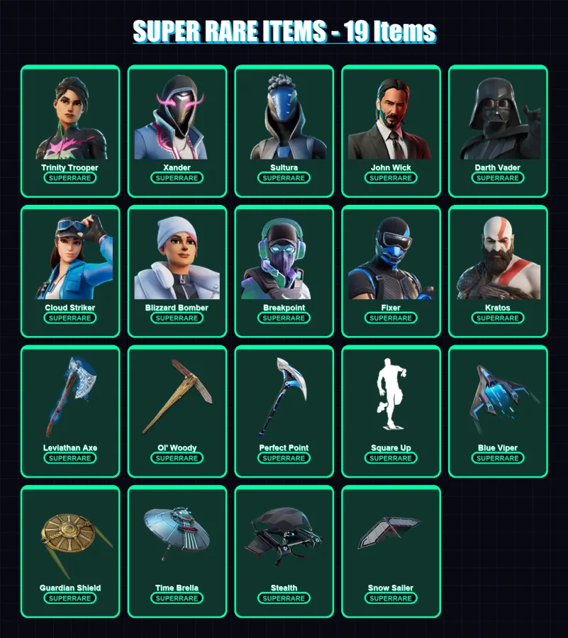 [PS4/PS5/XBOX/PC] | Trinity Trooper | Xander | Sultura | John Wick | Darth Vader | 557 skin | 510 pickaxe | 467 emote | 308 glider | Lv5033