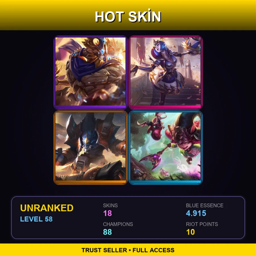 EUNE | Lv58 | Unranked | 18 Skin | 88 Champ — LoL account
