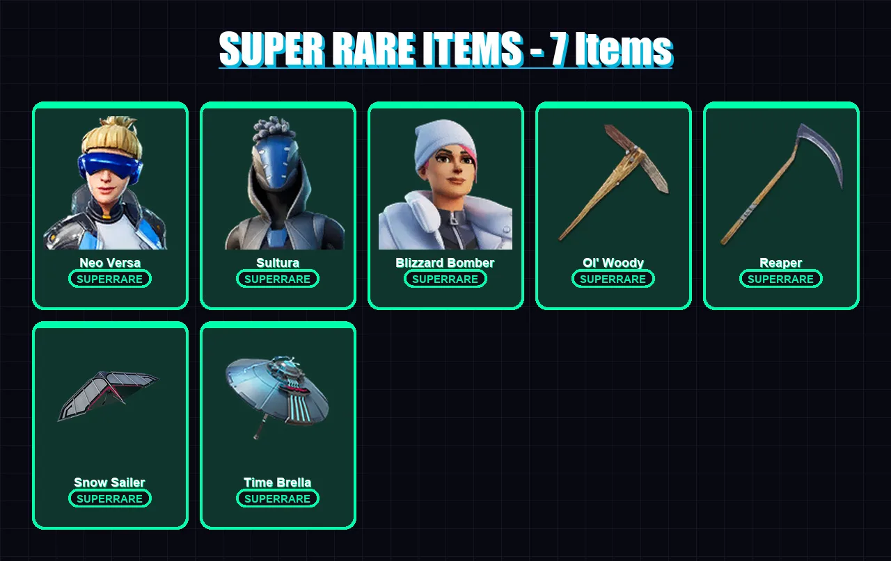 [PC] | Neo Versa | Sultura | Blizzard Bomber | Omegarok | The Scientist | 171 skin | 225 pickaxe | 155 emote | 174 glider | Lv2601