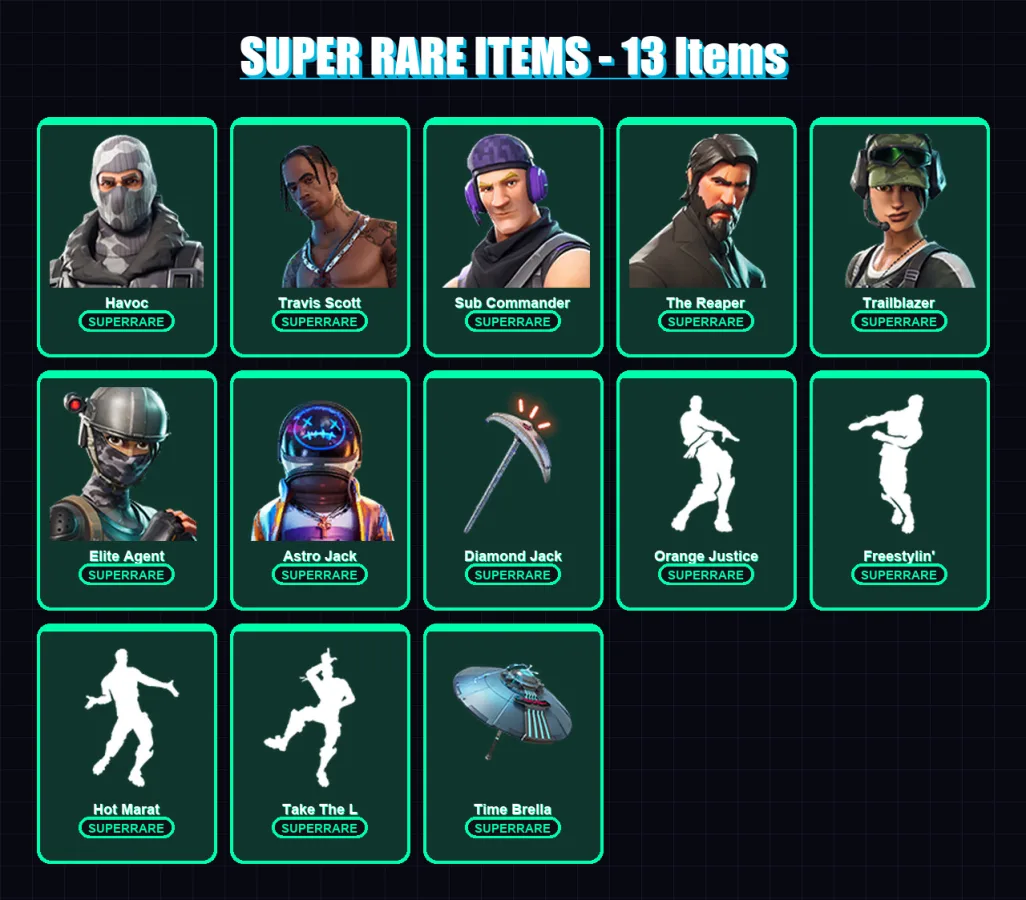 [PC/PSN] | Havoc | Travis Scott | Sub Commander | The Reaper | Trailblazer | 55 skin | 53 pickaxe | 58 emote | 60 glider | Lv829
