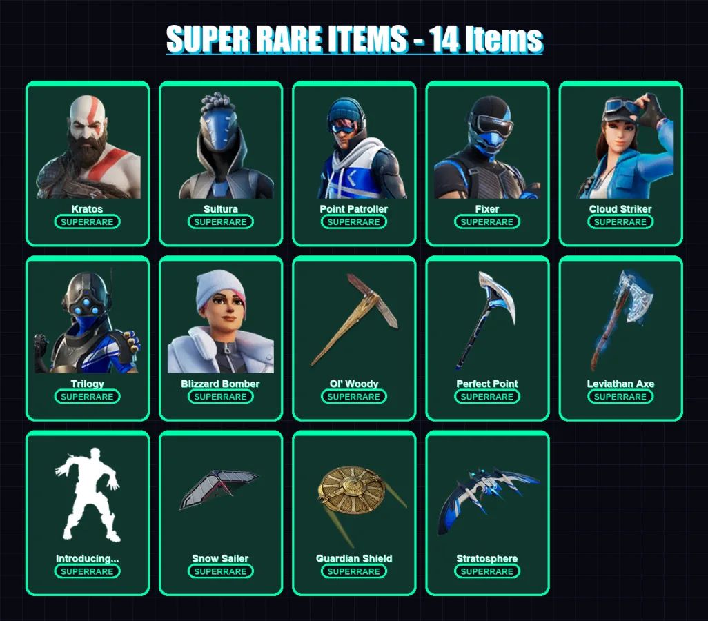 [PS4/PS5/XBOX/PC] | Kratos | Sultura | Point Patroller | Fixer | Cloud Striker | 94 skin | 143 pickaxe | 70 emote | 89 glider | Lv907