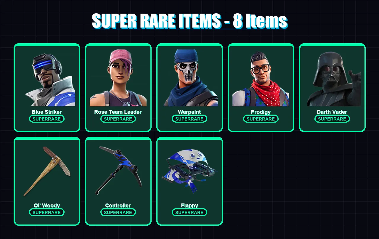 [PS4/PS5/XBOX/PC] | Blue Striker | Rose Team Leader | Warpaint | Prodigy | Darth Vader | 30 skin | 40 pickaxe | 33 emote | 55 glider | Lv529