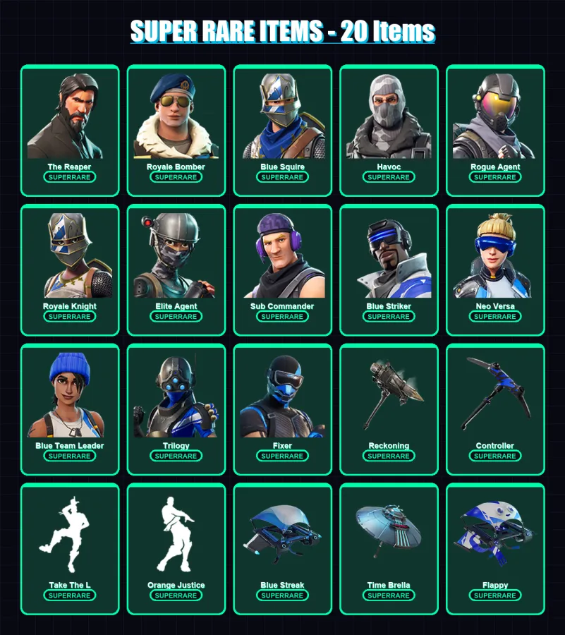 [PS4/PS5/XBOX/PC] | The Reaper | Royale Bomber | Blue Squire | Havoc | Rogue Agent | 125 skin | 115 pickaxe | 102 emote | 117 glider | Lv1914