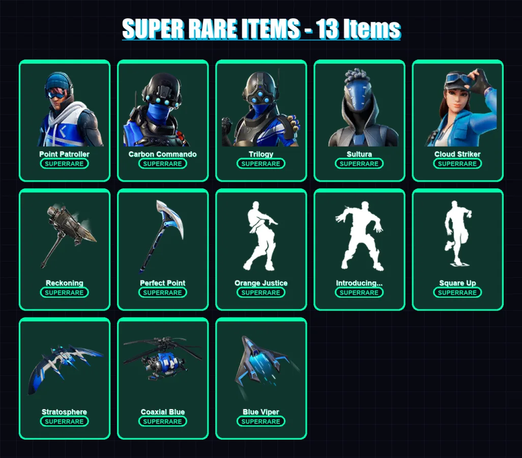 [PS4/PS5/XBOX/PC] | Point Patroller | Carbon Commando | Trilogy | Sultura | Cloud Striker | 68 skin | 90 pickaxe | 75 emote | 91 glider | Lv1628