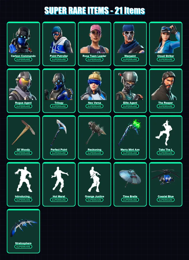 [PC] | Carbon Commando | Point Patroller | Rose Team Leader | Warpaint | Cloud Striker | 243 skin | 241 pickaxe | 224 emote | 198 glider | Lv2738