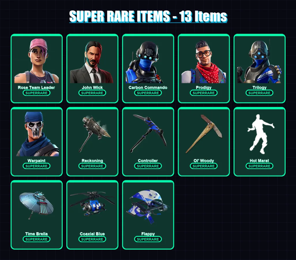[PC/XBOX] | Rose Team Leader | John Wick | Carbon Commando | Prodigy | Trilogy | 70 skin | 79 pickaxe | 89 emote | 97 glider | Lv1719