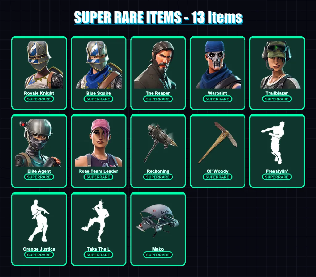 [PC/XBOX/PSN] | Royale Knight | Blue Squire | The Reaper | Warpaint | Trailblazer | 22 skin | 22 pickaxe | 22 emote | 27 glider | Lv332