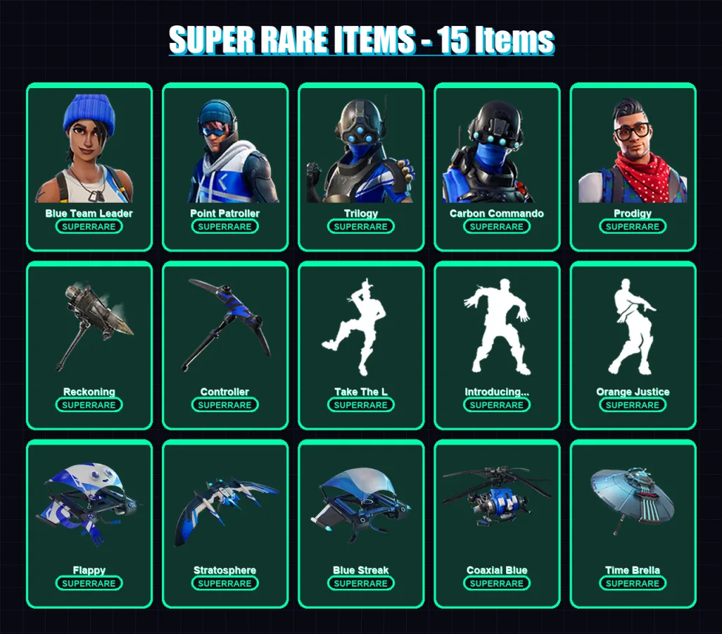 [PS4/PS5/XBOX/PC] | Blue Team Leader | Point Patroller | Trilogy | Carbon Commando | Prodigy | 29 skin | 44 pickaxe | 62 emote | 62 glider | Lv902