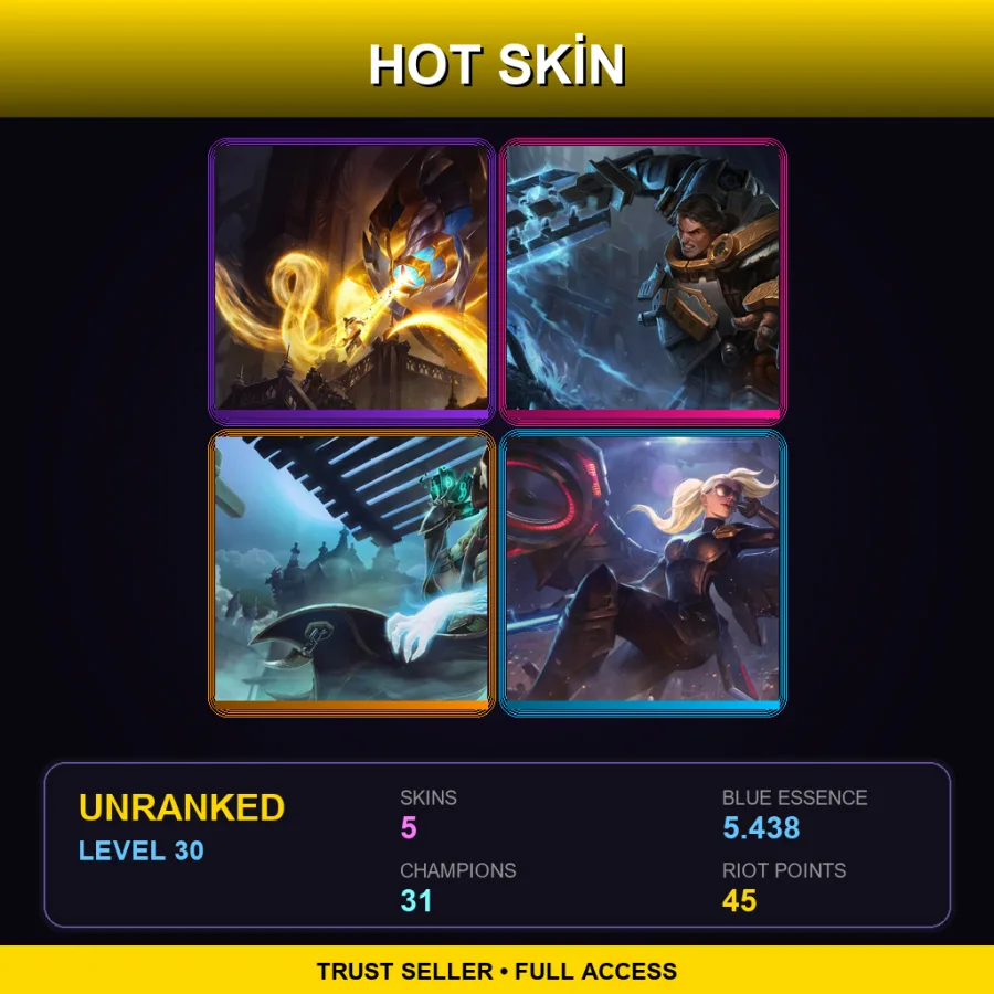 BR | Arclight Vel'Koz | Steel Legion Garen | Underworld Twisted Fate | Riot Kayle | 5 Skin | 31 Champ | Lv30