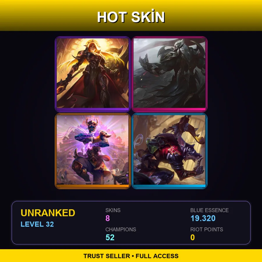 ME | Solar Eclipse Leona | God-King Darius | Three Honors Malzahar | Medieval Twitch | 8 Skin | 52 Champ | Lv32