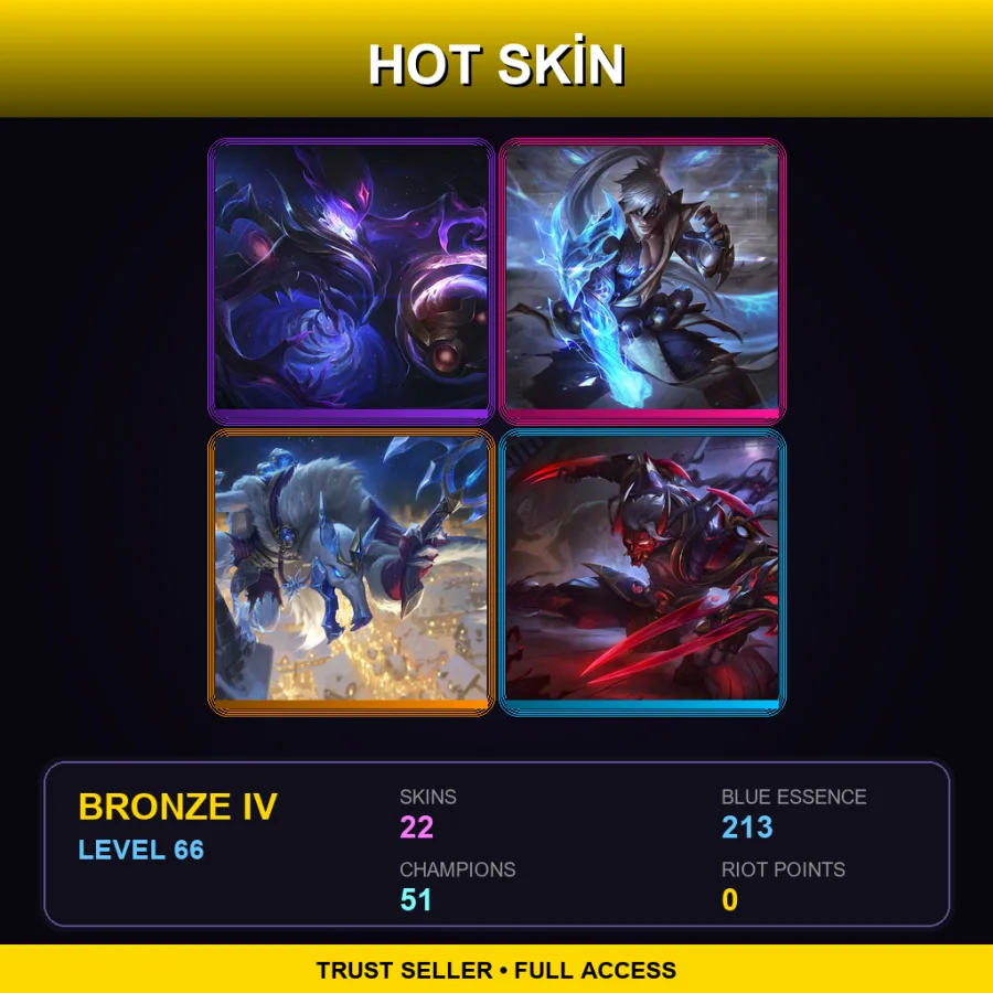 EUW | Dark Star Orianna | Storm Dragon Lee Sin | Ice King Twitch | Blood Moon Zed | 22 Skin | 51 Champ | Bronze IV | Lv66