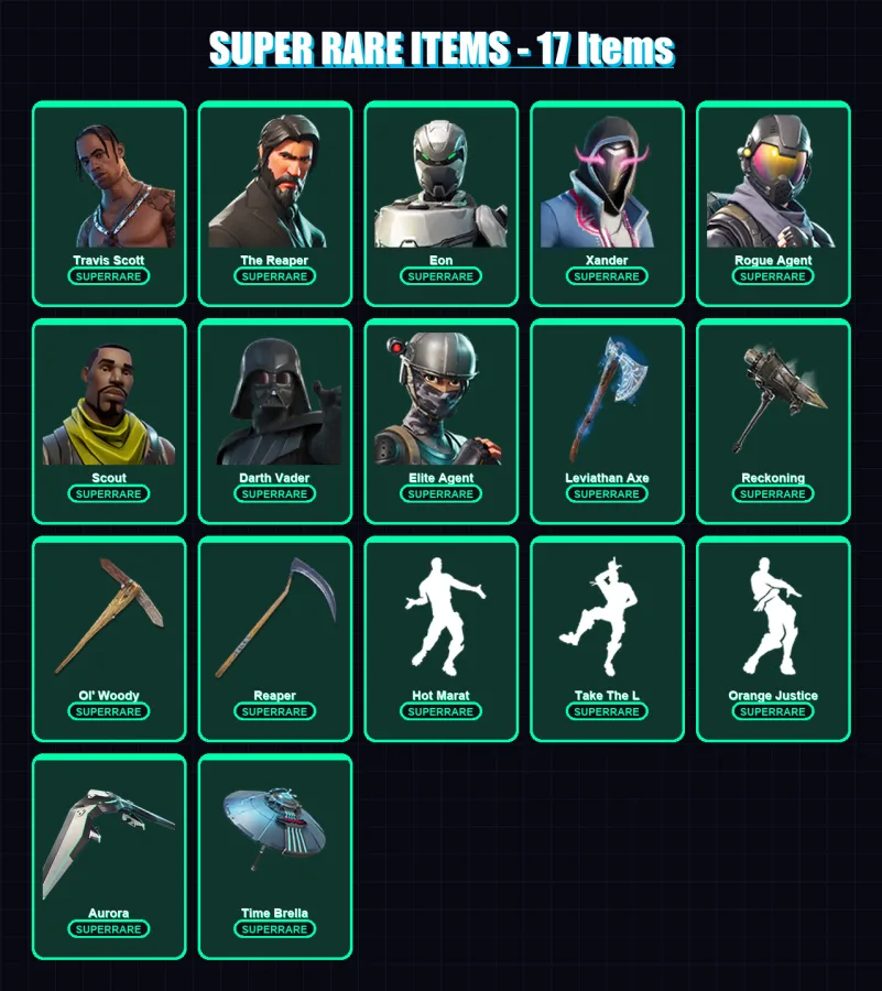 [PC/XBOX/PSN] | Travis Scott | The Reaper | Eon | Xander | Rogue Agent | 237 skin | 232 pickaxe | 208 emote | 184 glider | Lv2597