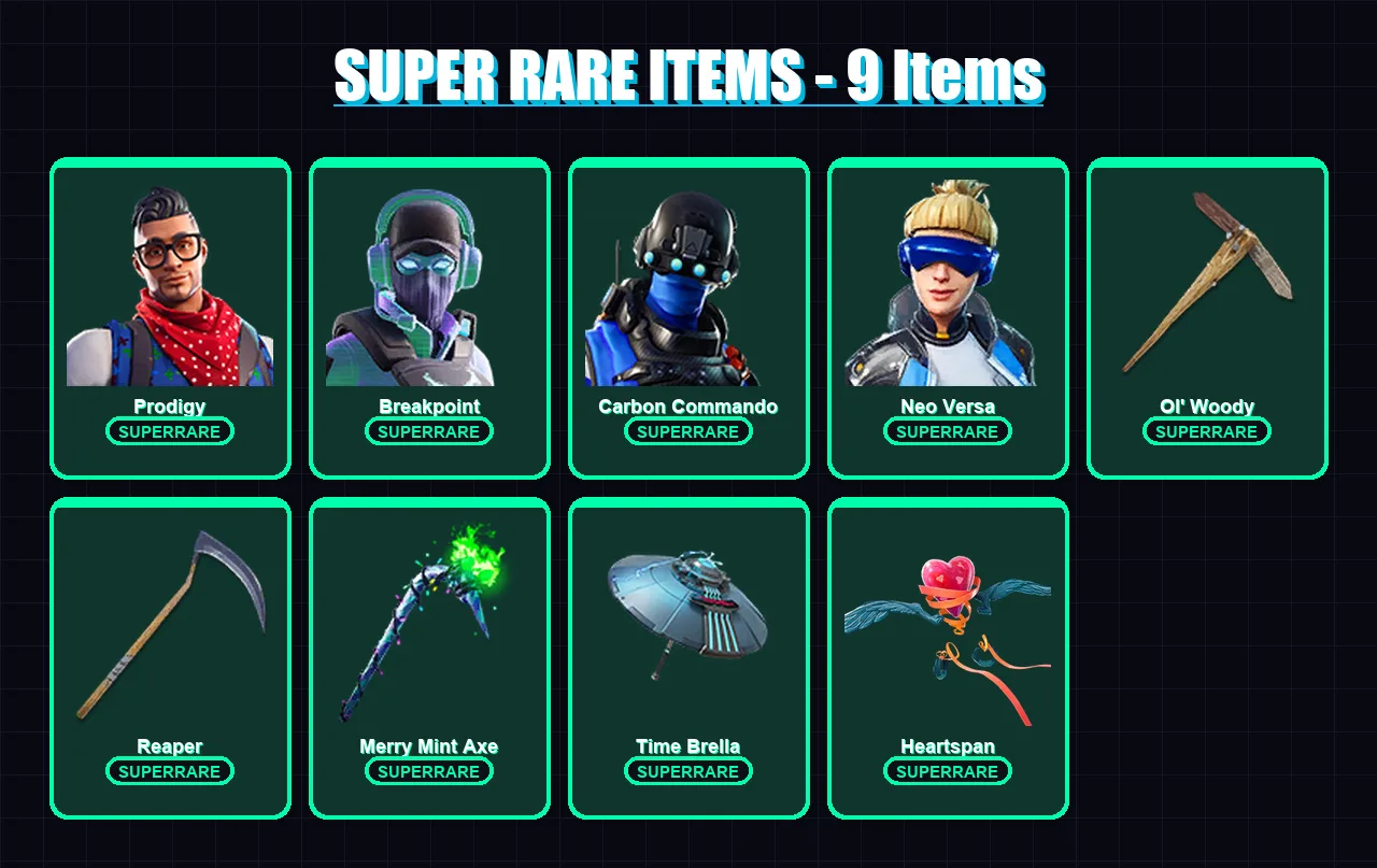 [PS4/PS5/XBOX/PC] | Prodigy | Breakpoint | Carbon Commando | Neo Versa | Frozen Love Ranger | 209 skin | 201 pickaxe | 135 emote | 159 glider | Lv25