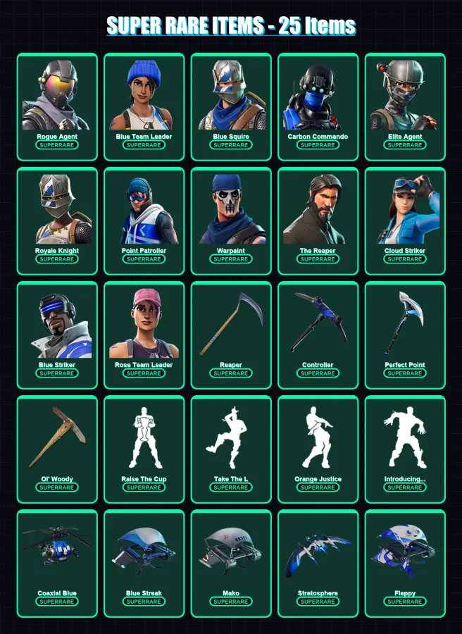 [PC] | OG Skull Trooper | Rogue Agent | Blue Team Leader | Blue Squire | Carbon Commando | 101 skin | 90 pickaxe | 78 emote | 87 glider | Lv1269