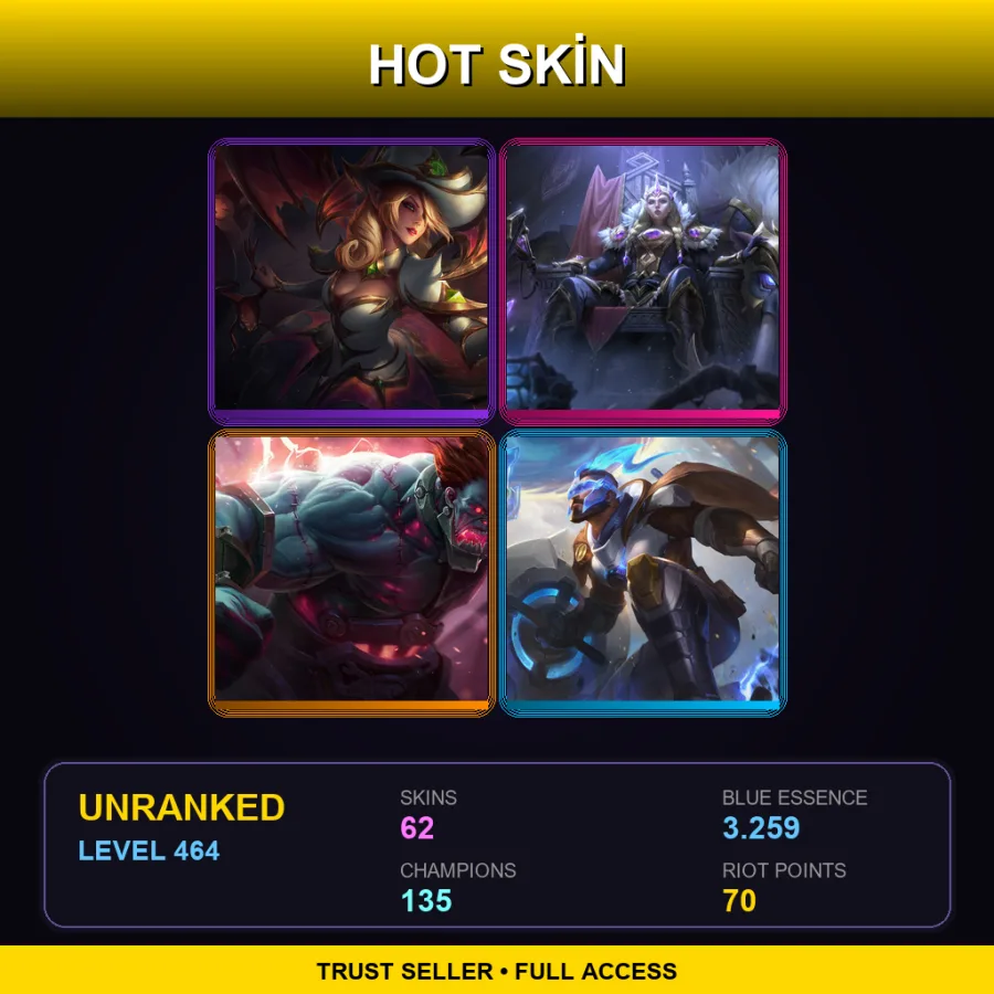 LAS | Lv464 | Unranked | 62 Skin | 135 Champ — LoL account
