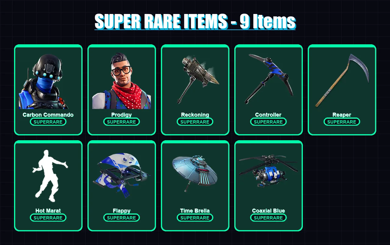 [PC/XBOX] | Carbon Commando | Prodigy | The Ageless | Catalyst | Calamity | 106 skin | 135 pickaxe | 118 emote | 126 glider | Lv1758