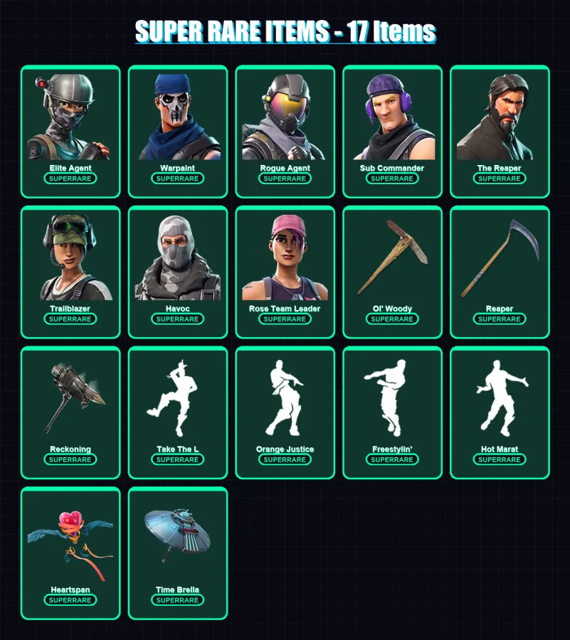[PC/XBOX] | Elite Agent | Warpaint | Rogue Agent | Sub Commander | The Reaper | 70 skin | 82 pickaxe | 70 emote | 68 glider | Lv1077