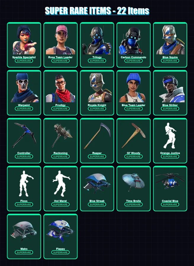 [PC/XBOX] | Sparkle Specialist | Rose Team Leader | Trilogy | Carbon Commando | Blue Squire | 148 skin | 131 pickaxe | 124 emote | 130 glider | Lv19