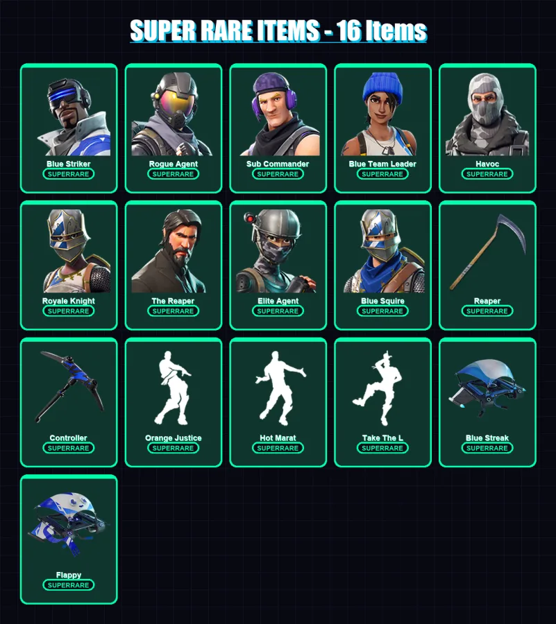 [PC/XBOX] | Blue Striker | Rogue Agent | Sub Commander | Blue Team Leader | Havoc | 110 skin | 89 pickaxe | 86 emote | 99 glider | Lv1199