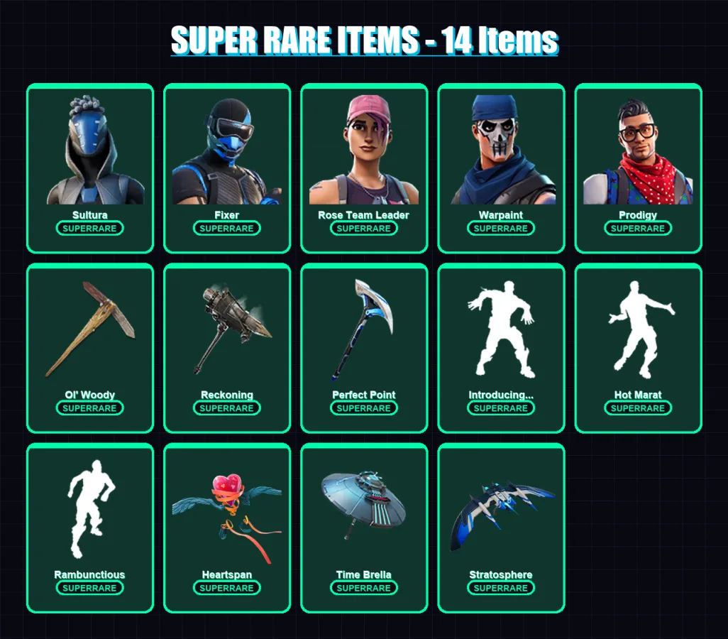 [PS4/PS5/XBOX/PC] | Sultura | Fixer | Rose Team Leader | Warpaint | Prodigy | 104 skin | 133 pickaxe | 115 emote | 139 glider | Lv1606