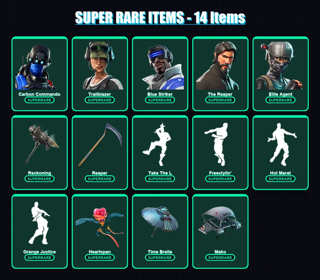 [PS4/PS5/XBOX/PC] | Carbon Commando | Trailblazer | Blue Striker | The Reaper | Elite Agent | 53 skin | 53 pickaxe | 65 emote | 67 glider | Lv1160