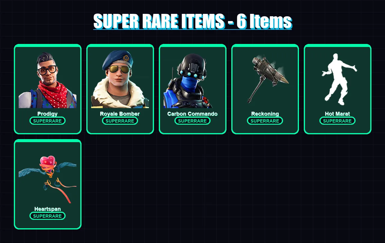 [PC/XBOX/PSN] | Prodigy | Royale Bomber | Carbon Commando | Blackheart | Hybrid | 39 skin | 27 pickaxe | 47 emote | 24 glider | Lv278
