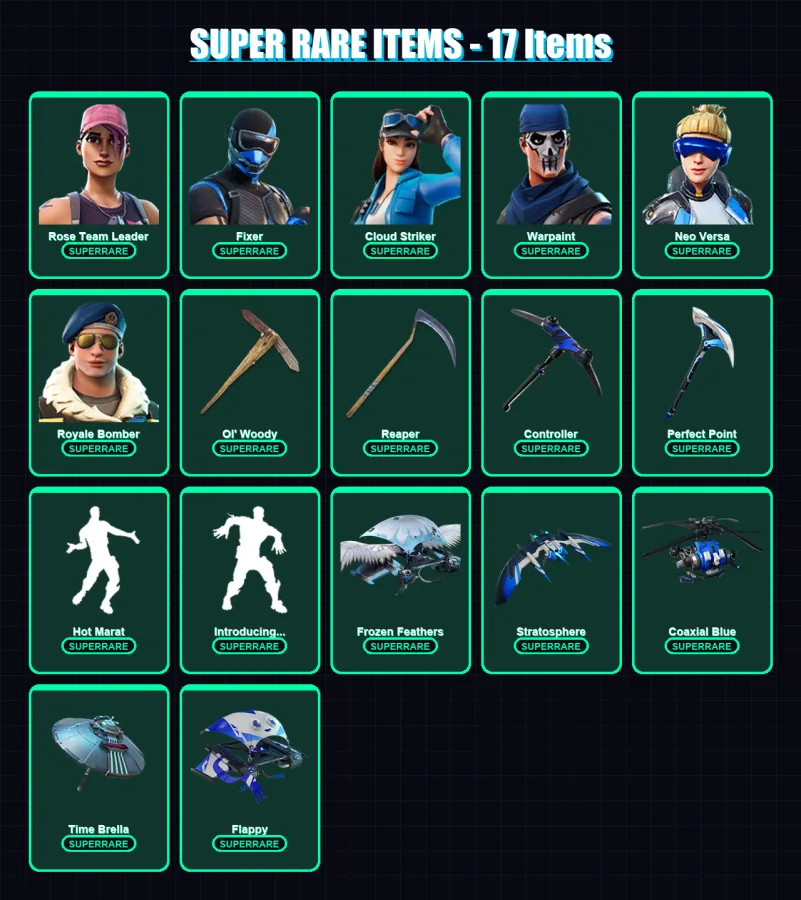[PS4/PS5/XBOX/PC] | Rose Team Leader | Fixer | Cloud Striker | Warpaint | Neo Versa | 98 skin | 135 pickaxe | 113 emote | 112 glider | Lv1628