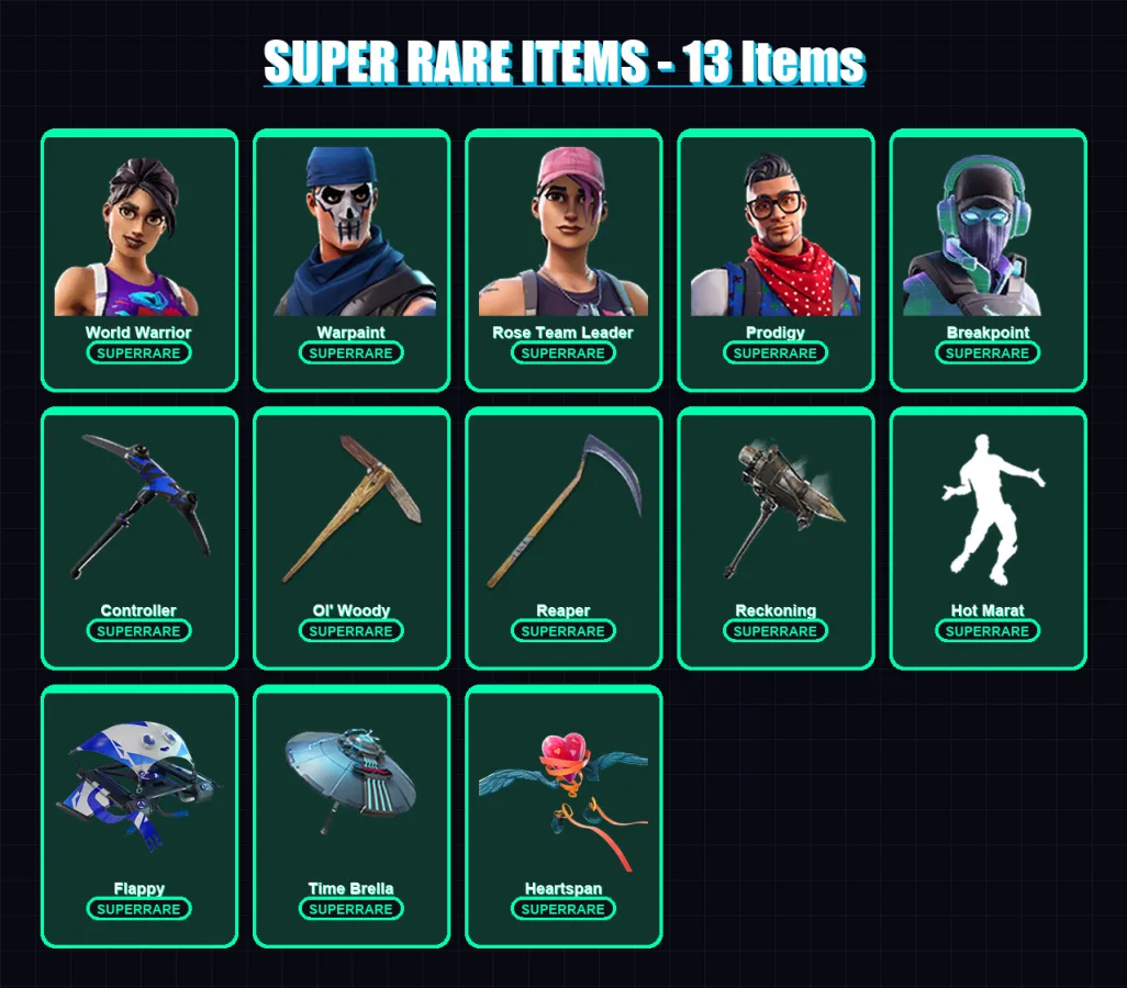 [PC/XBOX] | World Warrior | Warpaint | Rose Team Leader | Prodigy | Breakpoint | 126 skin | 63 pickaxe | 99 emote | 53 glider | Lv431