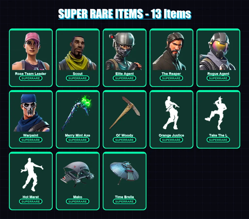 [PC/XBOX/PSN] | Rose Team Leader | Scout | Elite Agent | The Reaper | Rogue Agent | 48 skin | 57 pickaxe | 76 emote | 61 glider | Lv1101