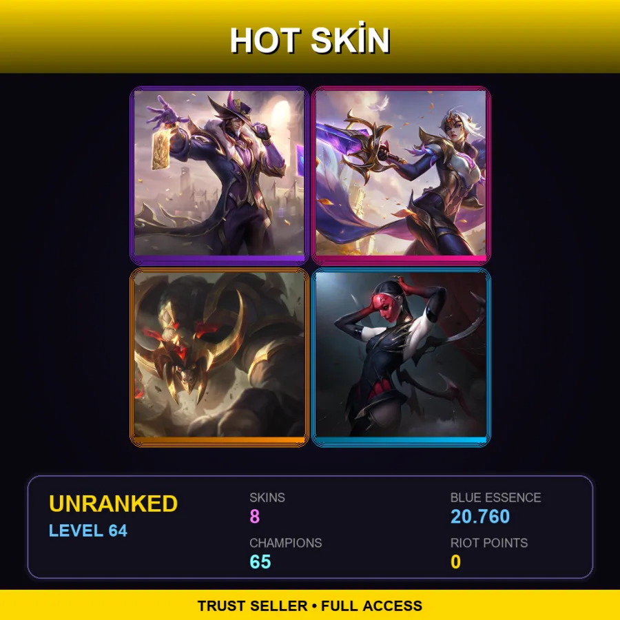 EUW | Lv64 | Unranked | 8 Skin | 65 Champ — LoL account