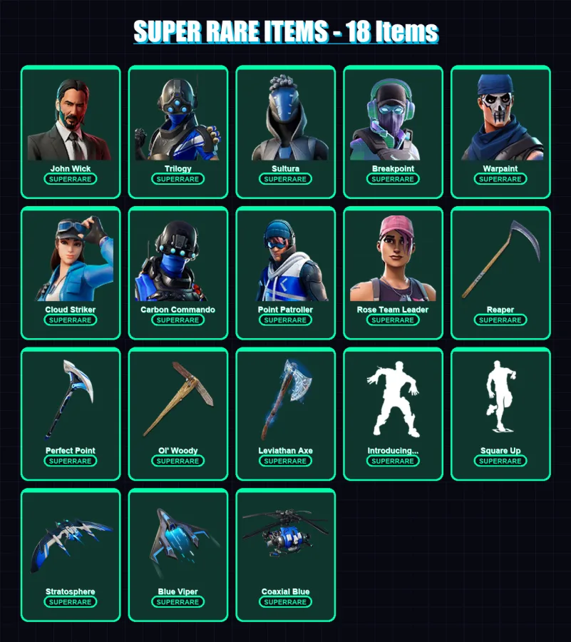 [PS4/PS5/XBOX/PC] | John Wick | Trilogy | Sultura | Breakpoint | Warpaint | 127 skin | 96 pickaxe | 82 emote | 81 glider | Lv1094 — Fortnite account