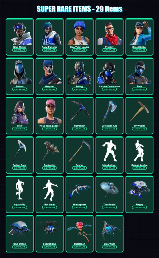 [PC/XBOX] | Blue Striker | Point Patroller | Blue Team Leader | Prodigy | Cloud Striker | 176 skin | 197 pickaxe | 153 emote | 181 glider | Lv2800