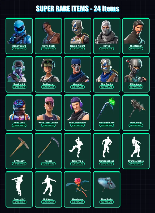[PC/XBOX/PSN] | Honor Guard | Travis Scott | Royale Knight | Havoc | The Reaper | 181 skin | 132 pickaxe | 119 emote | 128 glider | Lv1830