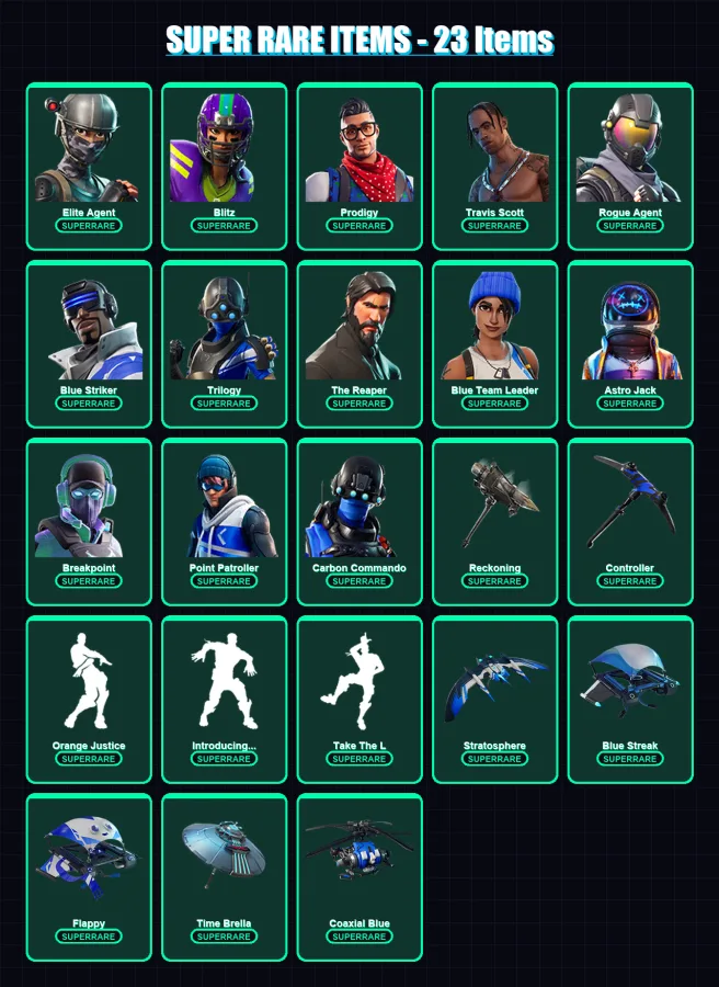 [PS4/PS5/XBOX/PC] | Elite Agent | Blitz | Prodigy | Travis Scott | Rogue Agent | 147 skin | 114 pickaxe | 110 emote | 120 glider | Lv1652