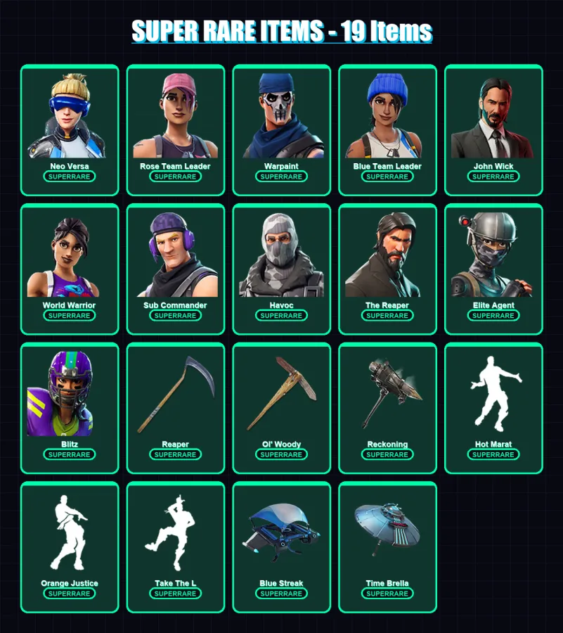 [PS4/PS5/XBOX/PC] | Neo Versa | Rose Team Leader | Warpaint | Blue Team Leader | John Wick | 209 skin | 167 pickaxe | 137 emote | 156 glider | Lv263