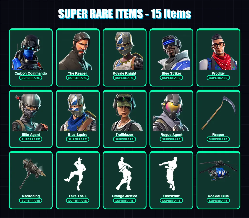 [PS4/PS5/XBOX/PC] | Carbon Commando | The Reaper | Royale Knight | Blue Striker | Prodigy | 73 skin | 54 pickaxe | 56 emote | 52 glider | Lv608