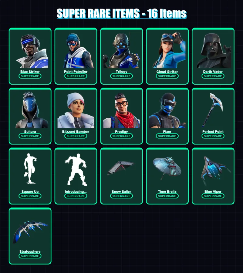 [PS4/PS5/XBOX/PC] | Blue Striker | Point Patroller | Trilogy | Cloud Striker | Darth Vader | 156 skin | 172 pickaxe | 131 emote | 165 glider | Lv250