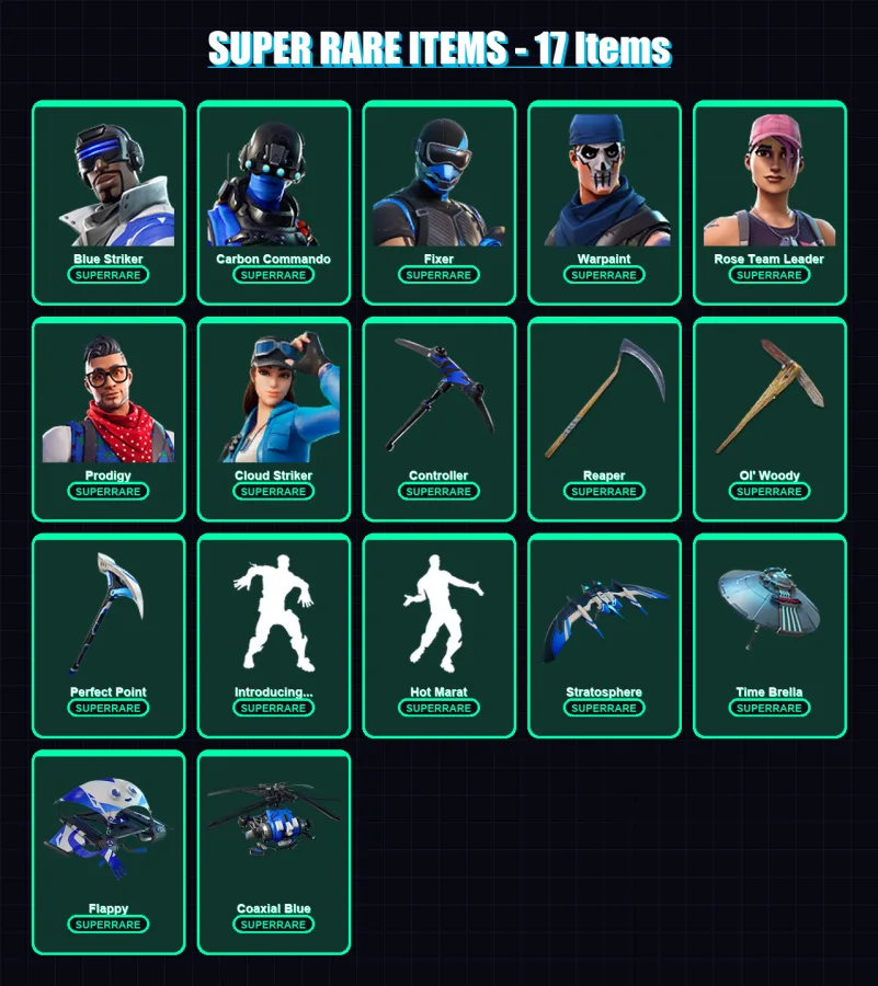 [PS4/PS5/PC] | Blue Striker | Carbon Commando | Fixer | Warpaint | Rose Team Leader | 135 skin | 163 pickaxe | 137 emote | 149 glider | Lv2143