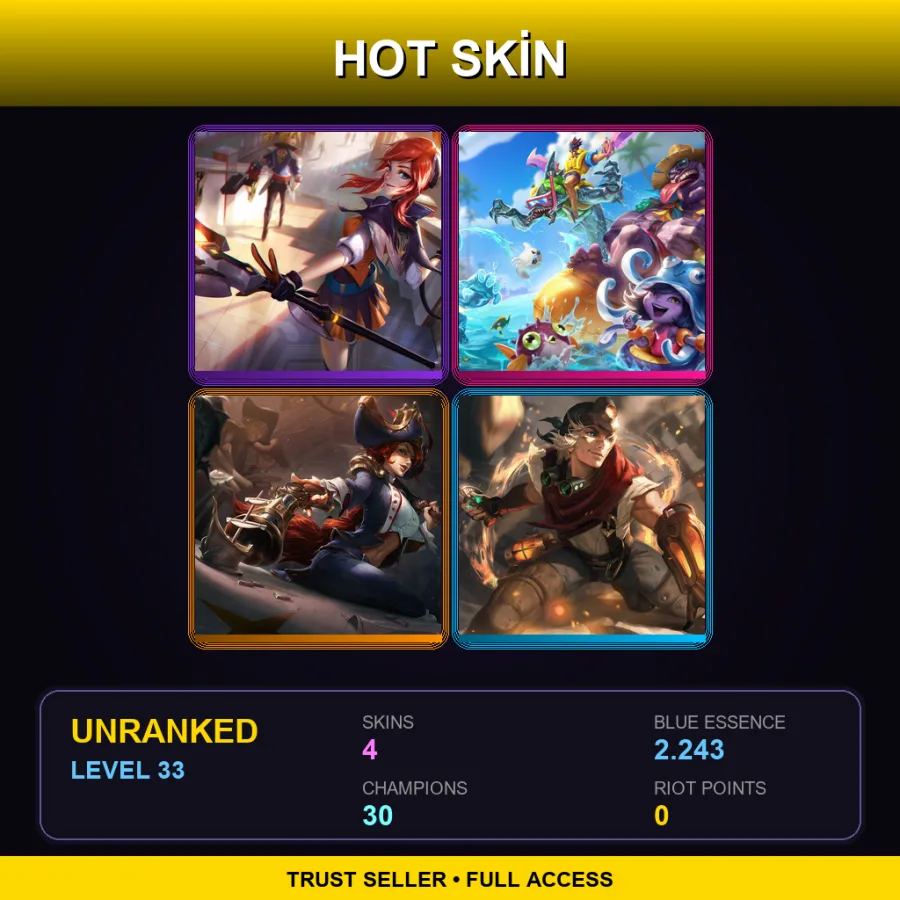 LAN | Battle Academia Lux | Pool Party Rek'Sai | Waterloo Miss Fortune | Explorer Ezreal | 4 Skin | 30 Champ | Lv33