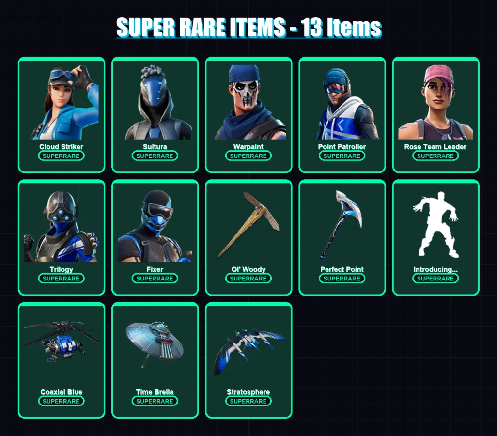 [PS4/PS5/PC] | Cloud Striker | Sultura | Warpaint | Point Patroller | Rose Team Leader | 115 skin | 133 pickaxe | 123 emote | 119 glider | Lv1593