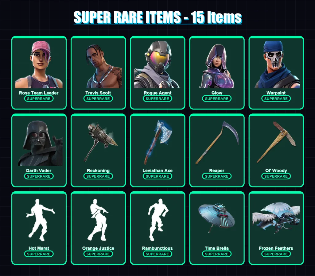 [PC/XBOX/PSN] | Rose Team Leader | Travis Scott | Rogue Agent | Glow | Warpaint | 374 skin | 297 pickaxe | 216 emote | 202 glider | Lv2599