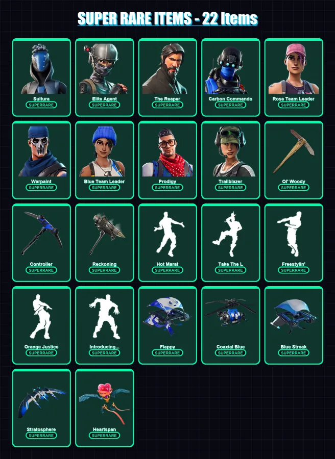 [PC/XBOX/PSN] | Sultura | Elite Agent | The Reaper | Carbon Commando | Rose Team Leader | 102 skin | 128 pickaxe | 107 emote | 103 glider | Lv1395