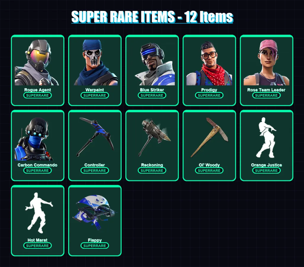 [PC/XBOX] | Rogue Agent | Warpaint | Blue Striker | Prodigy | Rose Team Leader | 53 skin | 42 pickaxe | 52 emote | 43 glider | Lv528