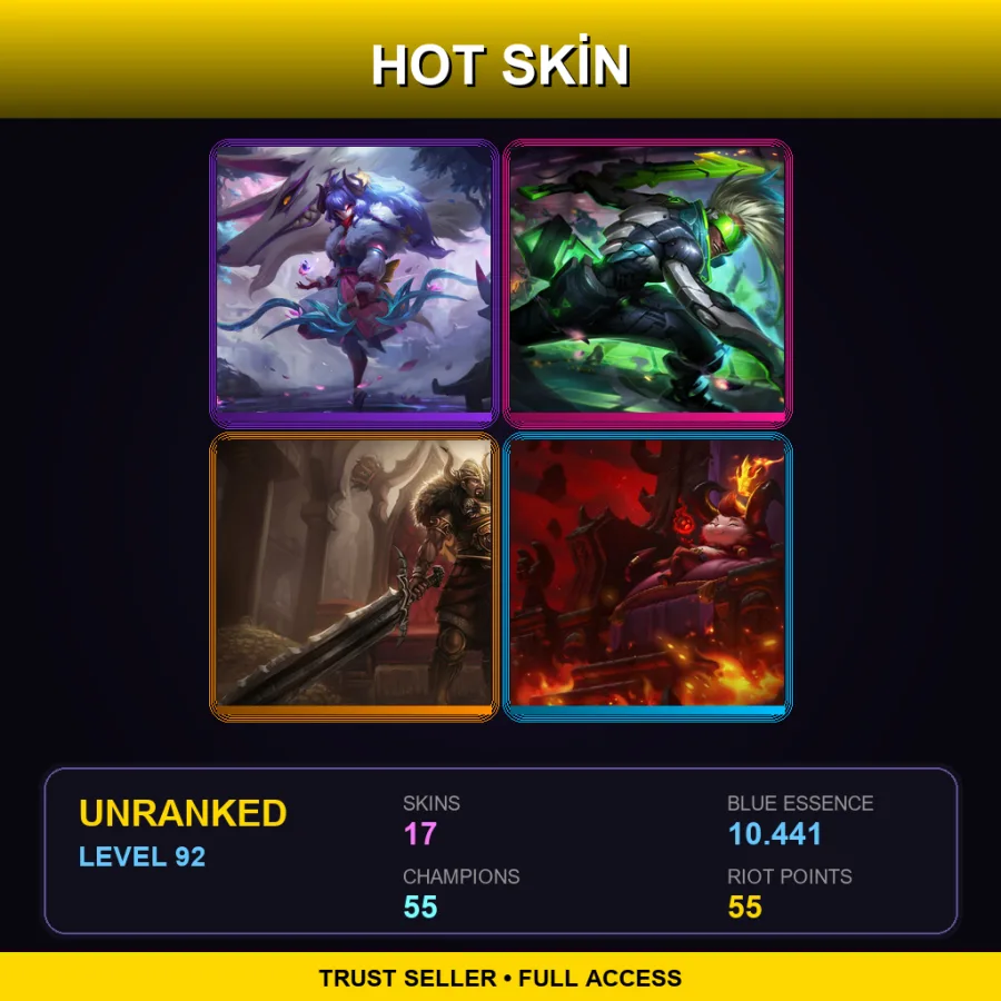 EUW | Lv92 | Unranked | 17 Skin | 55 Champ — LoL account