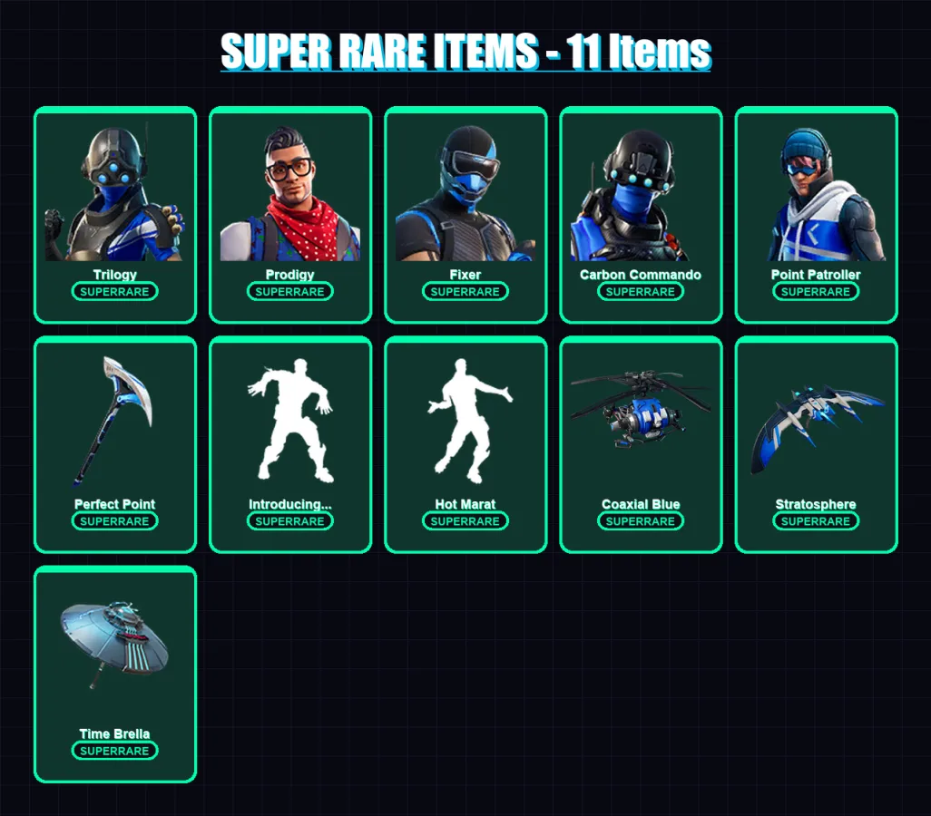 [PS4/PS5/XBOX/PC] | Trilogy | Prodigy | Fixer | Carbon Commando | Point Patroller | 49 skin | 58 pickaxe | 63 emote | 73 glider | Lv967