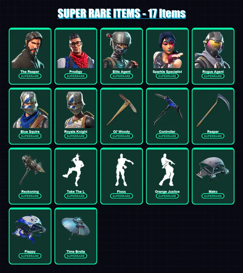 [PS4/PS5/XBOX/PC] | The Reaper | Prodigy | Elite Agent | Sparkle Specialist | Rogue Agent | 59 skin | 64 pickaxe | 71 emote | 70 glider | Lv1269