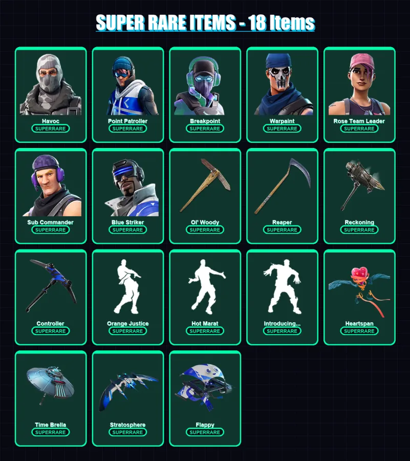 [PS4/PS5/XBOX/PC] | Havoc | Point Patroller | Breakpoint | Warpaint | Rose Team Leader | 114 skin | 90 pickaxe | 102 emote | 90 glider | Lv1069