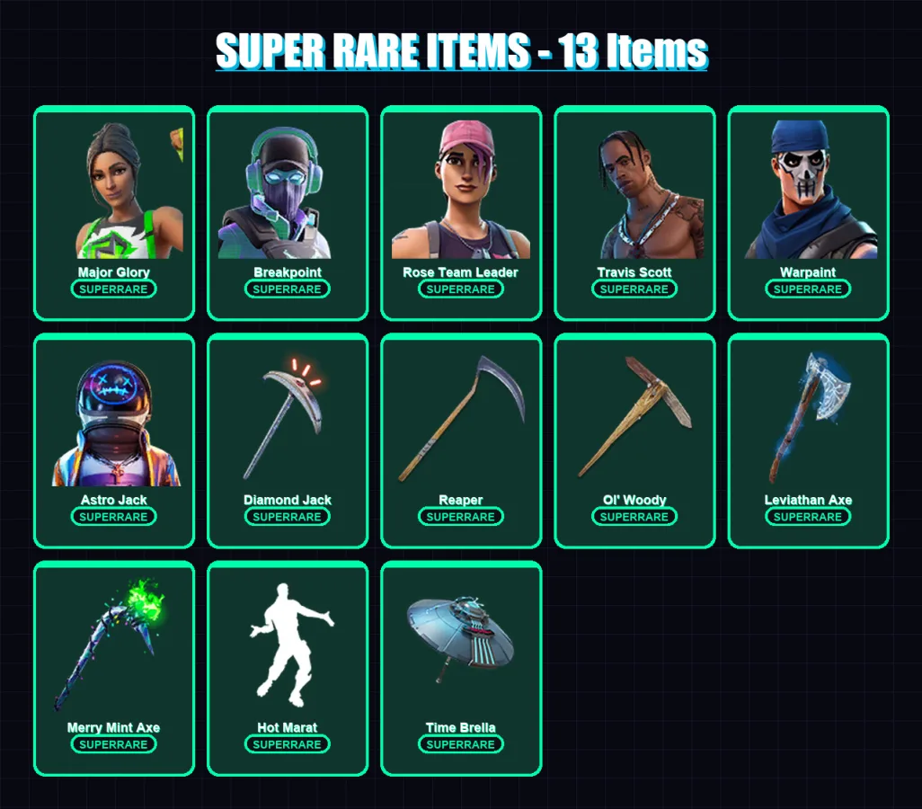 [PS4/PS5/PC] | Major Glory | Breakpoint | Rose Team Leader | Travis Scott | Warpaint | 300 skin | 284 pickaxe | 233 emote | 181 glider | Lv2094